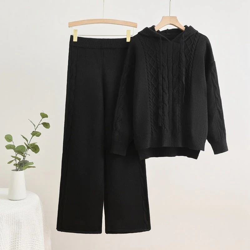 The Hooded Harmony | Women's Knitted Hooded Drawstring Sweater & Wide-Leg Pants Set - Image 6