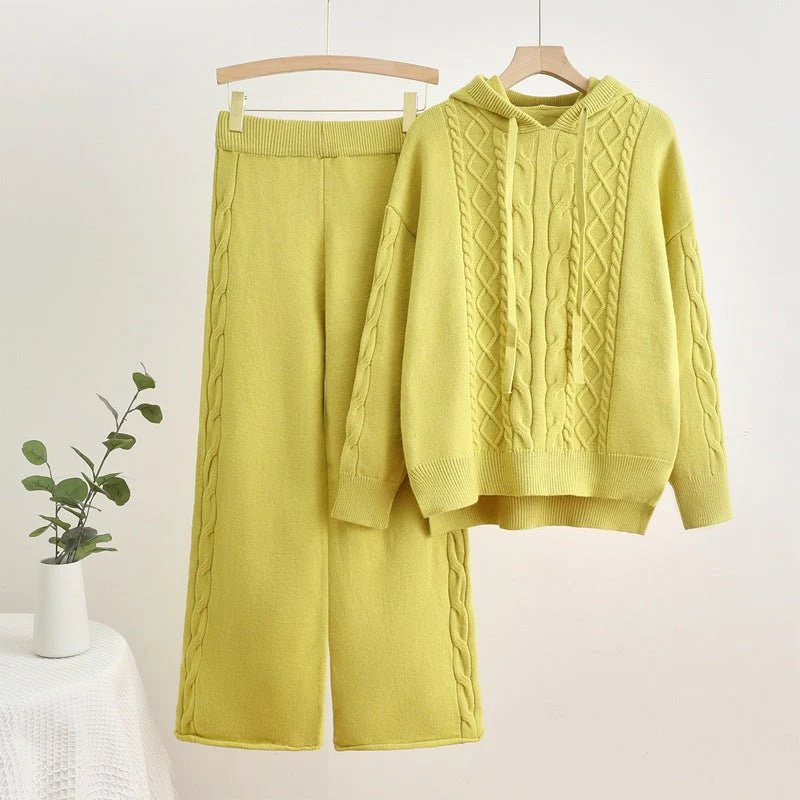 The Hooded Harmony | Women's Knitted Hooded Drawstring Sweater & Wide-Leg Pants Set - Image 7