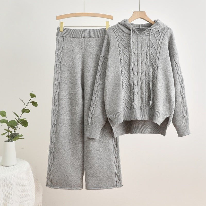 The Hooded Harmony | Women's Knitted Hooded Drawstring Sweater & Wide-Leg Pants Set - Image 8
