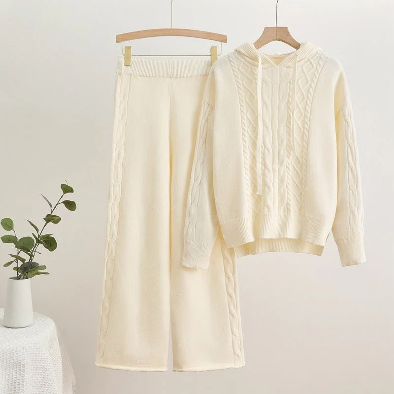 The Hooded Harmony | Women's Knitted Hooded Drawstring Sweater & Wide-Leg Pants Set - Image 9