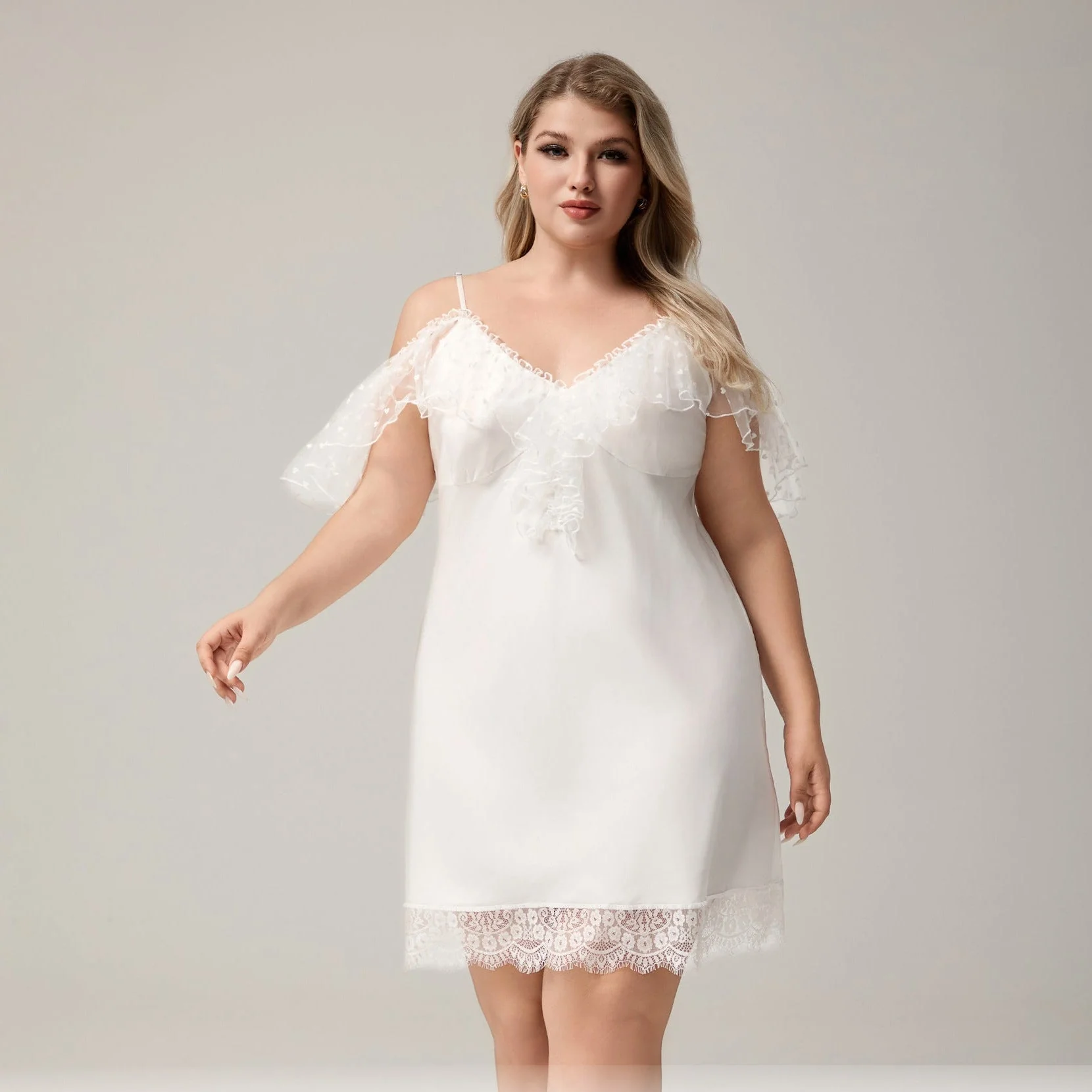 The Ice Silk Allure | White Lace Strap Mini Sleep Dress