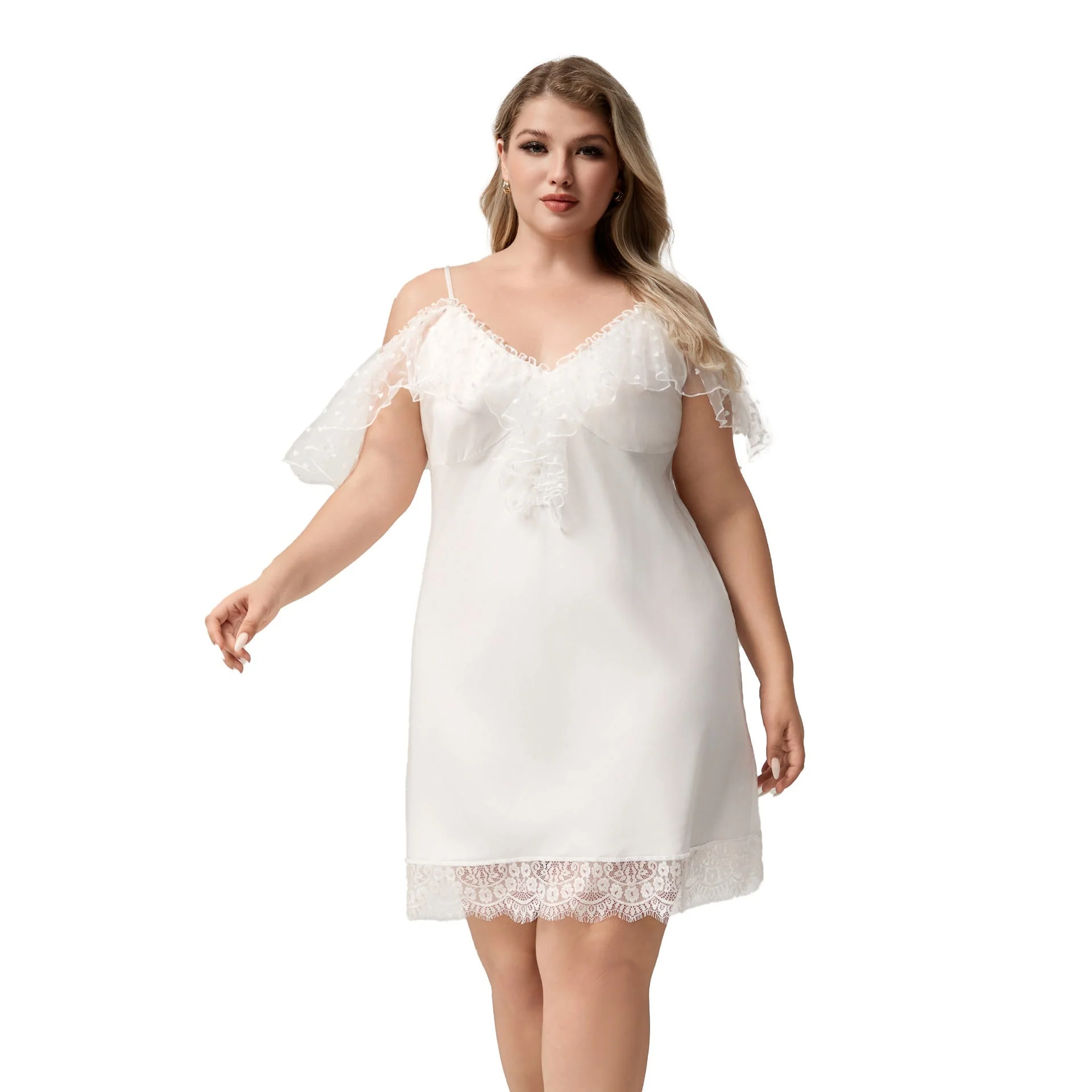 The Ice Silk Allure | White Lace Strap Mini Sleep Dress - Image 5