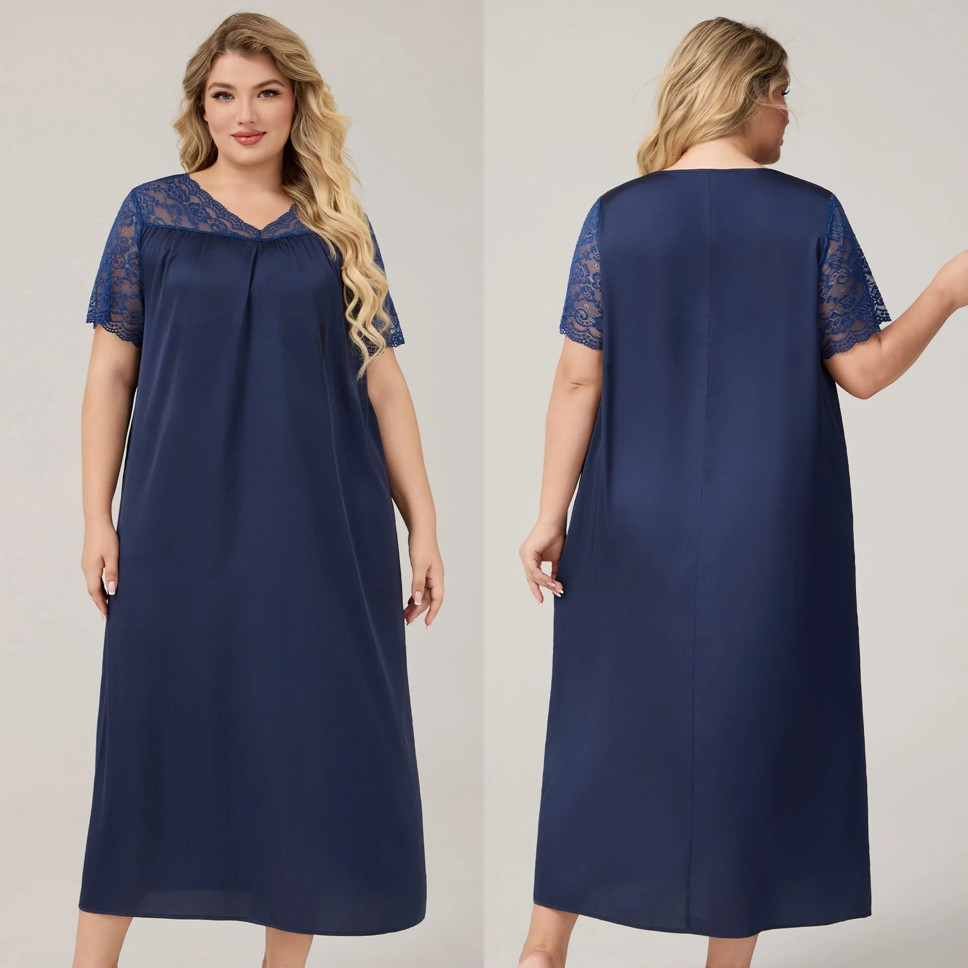 The Ice Silk Elegance | Solid Color V-Neck Short-Sleeve Maxi Sleep Dress - Image 10