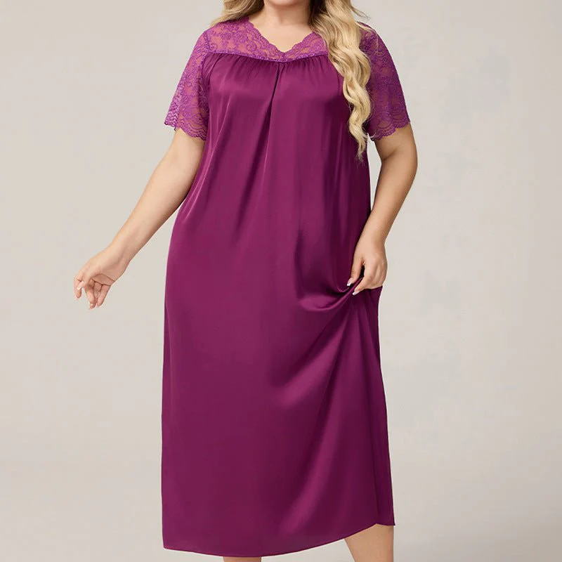 The Ice Silk Elegance | Solid Color V-Neck Short-Sleeve Maxi Sleep Dress - Image 4