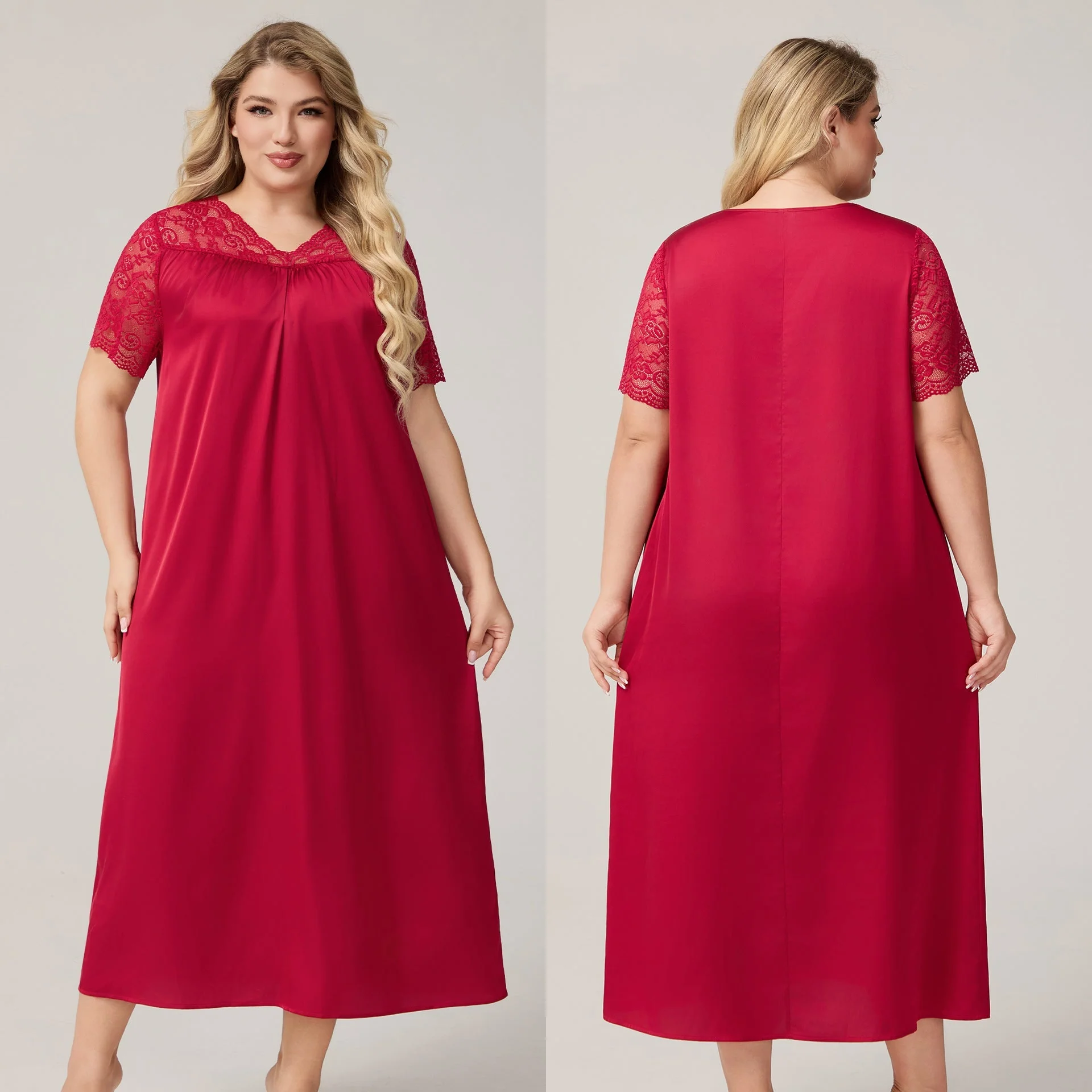 The Ice Silk Elegance | Solid Color V-Neck Short-Sleeve Maxi Sleep Dress - Image 6