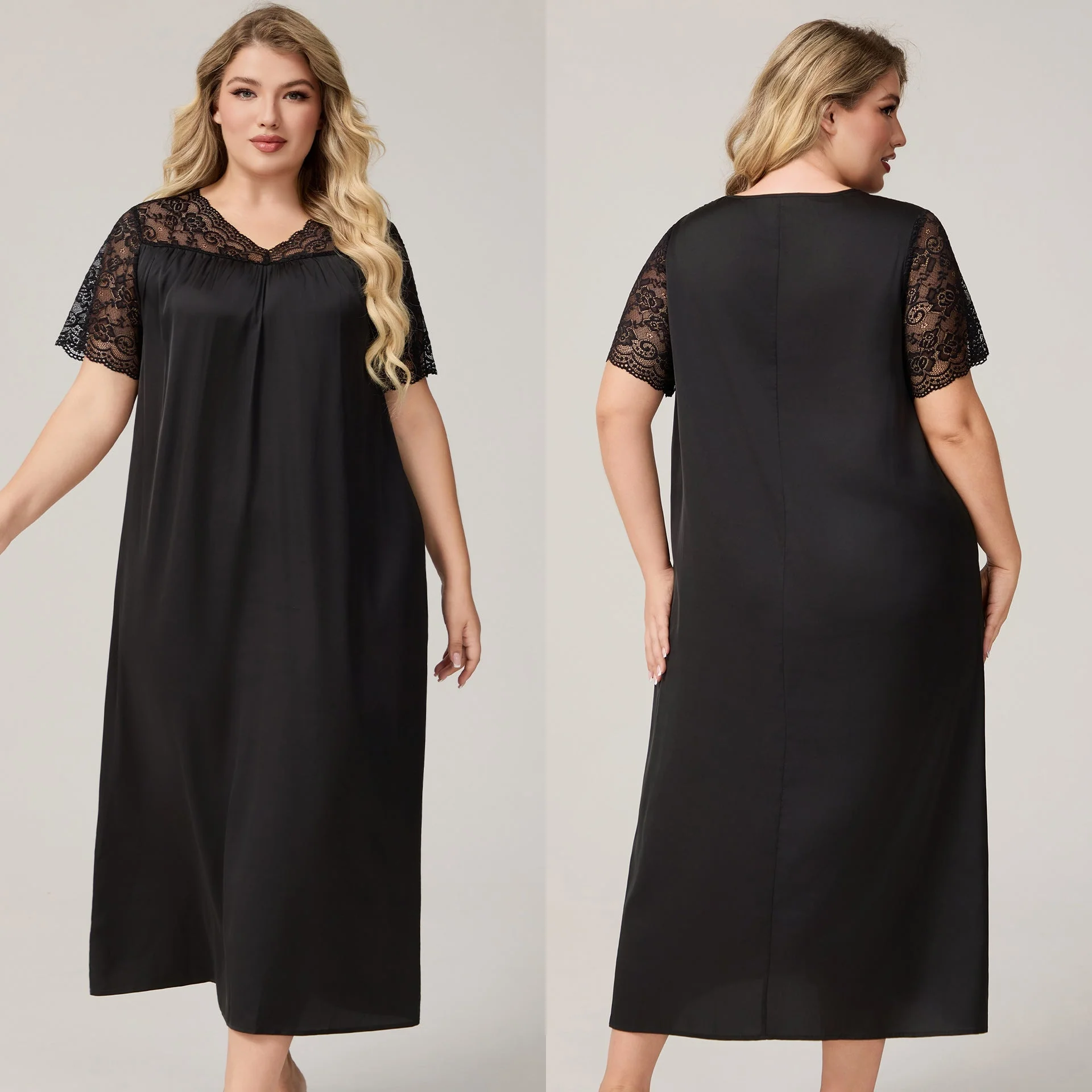 The Ice Silk Elegance | Solid Color V-Neck Short-Sleeve Maxi Sleep Dress - Image 7