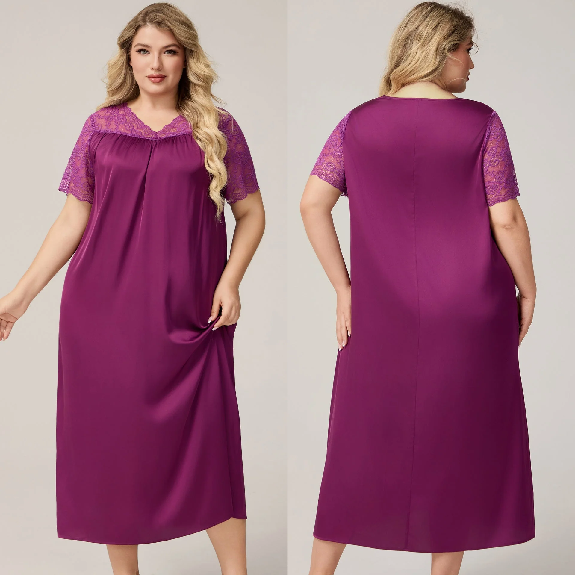 The Ice Silk Elegance | Solid Color V-Neck Short-Sleeve Maxi Sleep Dress - Image 8