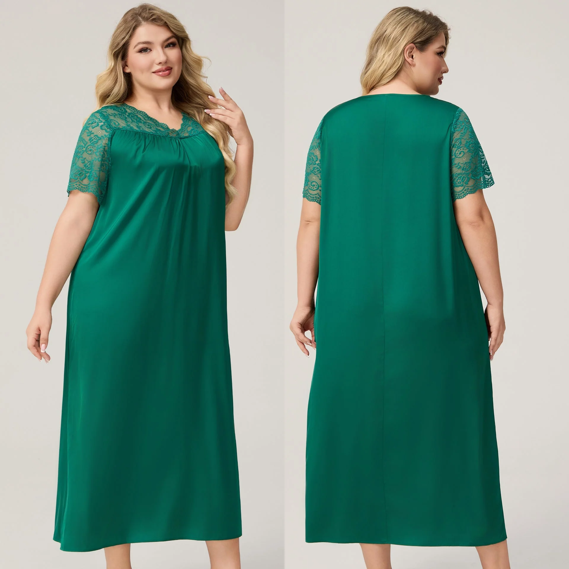 The Ice Silk Elegance | Solid Color V-Neck Short-Sleeve Maxi Sleep Dress - Image 9