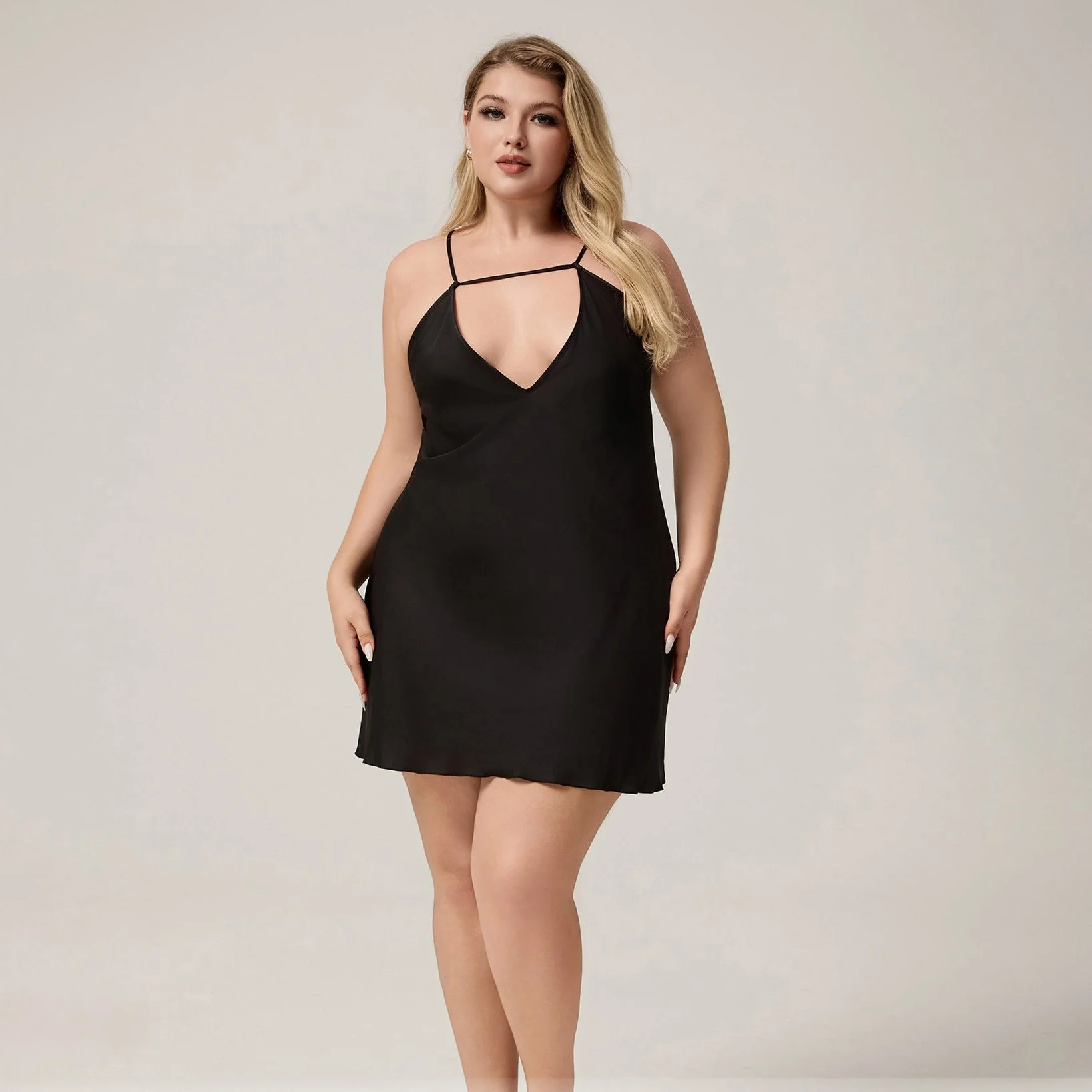The Ice Silk Temptation | Black Strap V-Neck Mini Sleep Dress