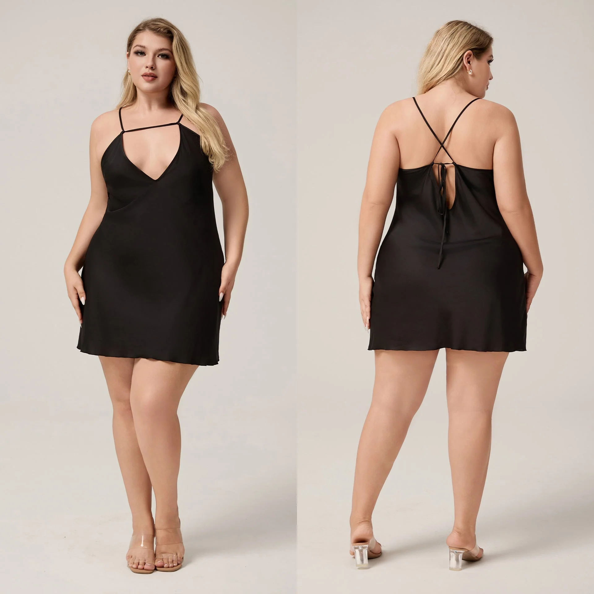 The Ice Silk Temptation | Black Strap V-Neck Mini Sleep Dress - Image 6