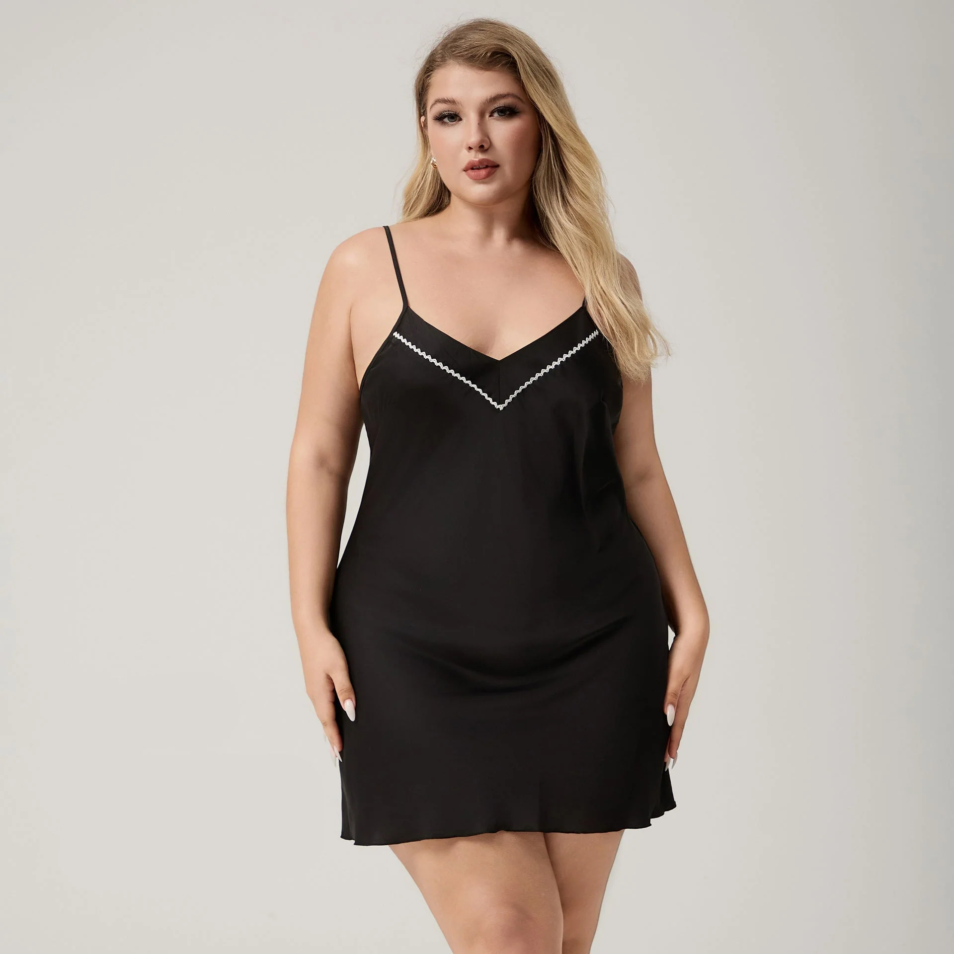 The Ice Silk Temptation | Black Strap V-Neck Mini Sleep Dress - Image 2