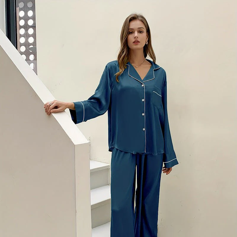 The Indigo Calm | Women's Ice Silk Long-Sleeve Pajama Set - Image 2