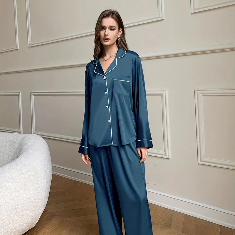 The Indigo Calm | Women's Ice Silk Long-Sleeve Pajama Set - Image 4