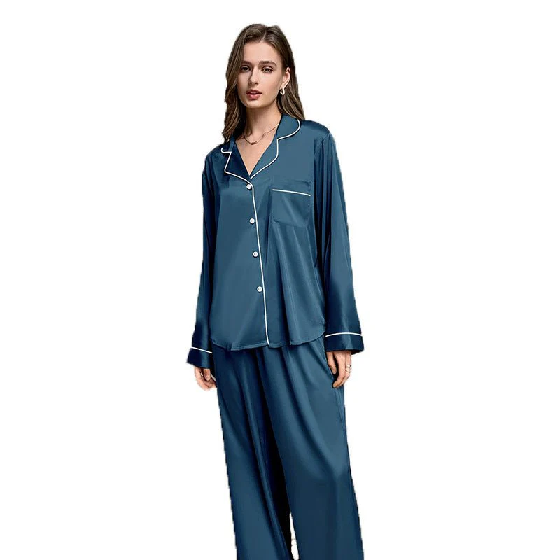 The Indigo Calm | Women's Ice Silk Long-Sleeve Pajama Set - Image 5