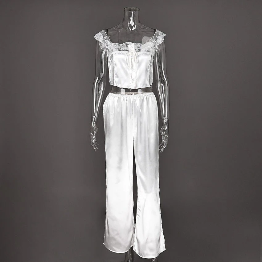 The Ivory Muse | Sleeveless Knitted Lace & Faux Silk 2-Piece Set - Image 6