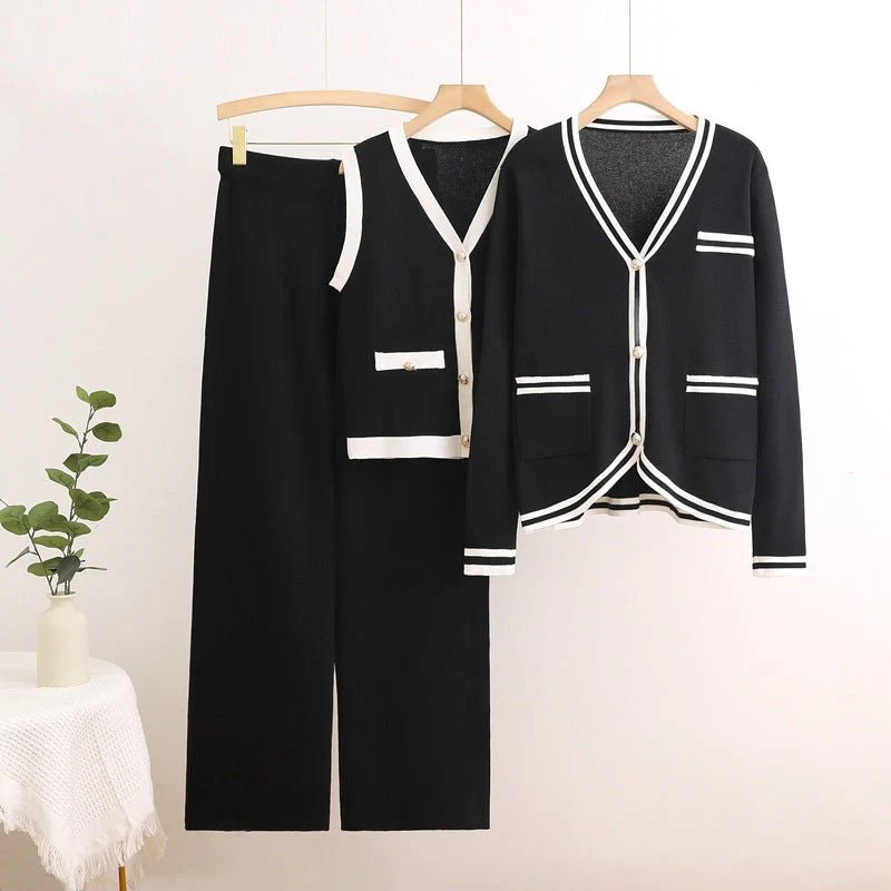 The Korean Cozy | Women's Knitted Cardigan, Vest & Straight Pants Three-Piece Set