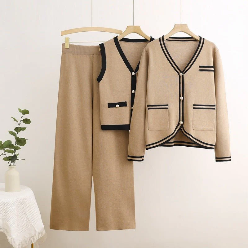 The Korean Cozy | Women's Knitted Cardigan, Vest & Straight Pants Three-Piece Set - Image 3
