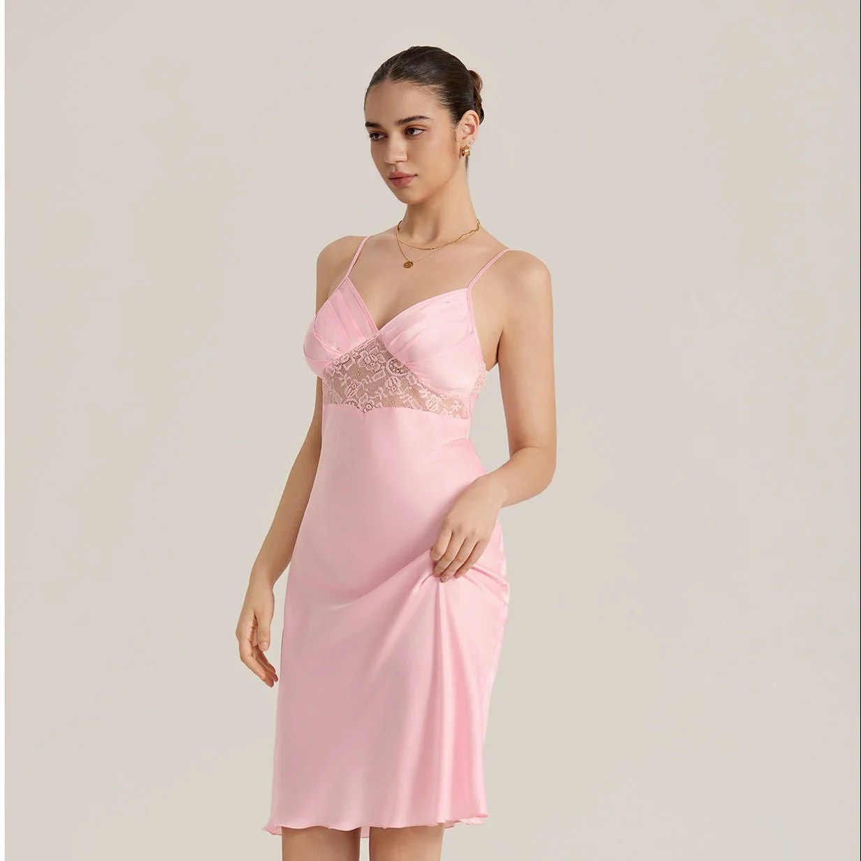 The Lace Allure | Solid Color Lace Patchwork Satin Midi Slip Sleep Dress - Image 2
