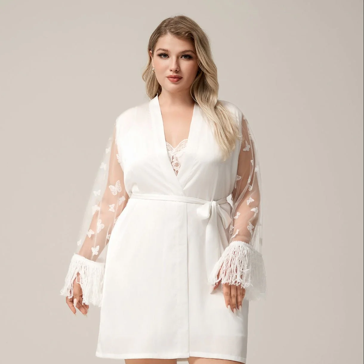 The Lace Elegance | White Satin Lace Short Robe - Image 2
