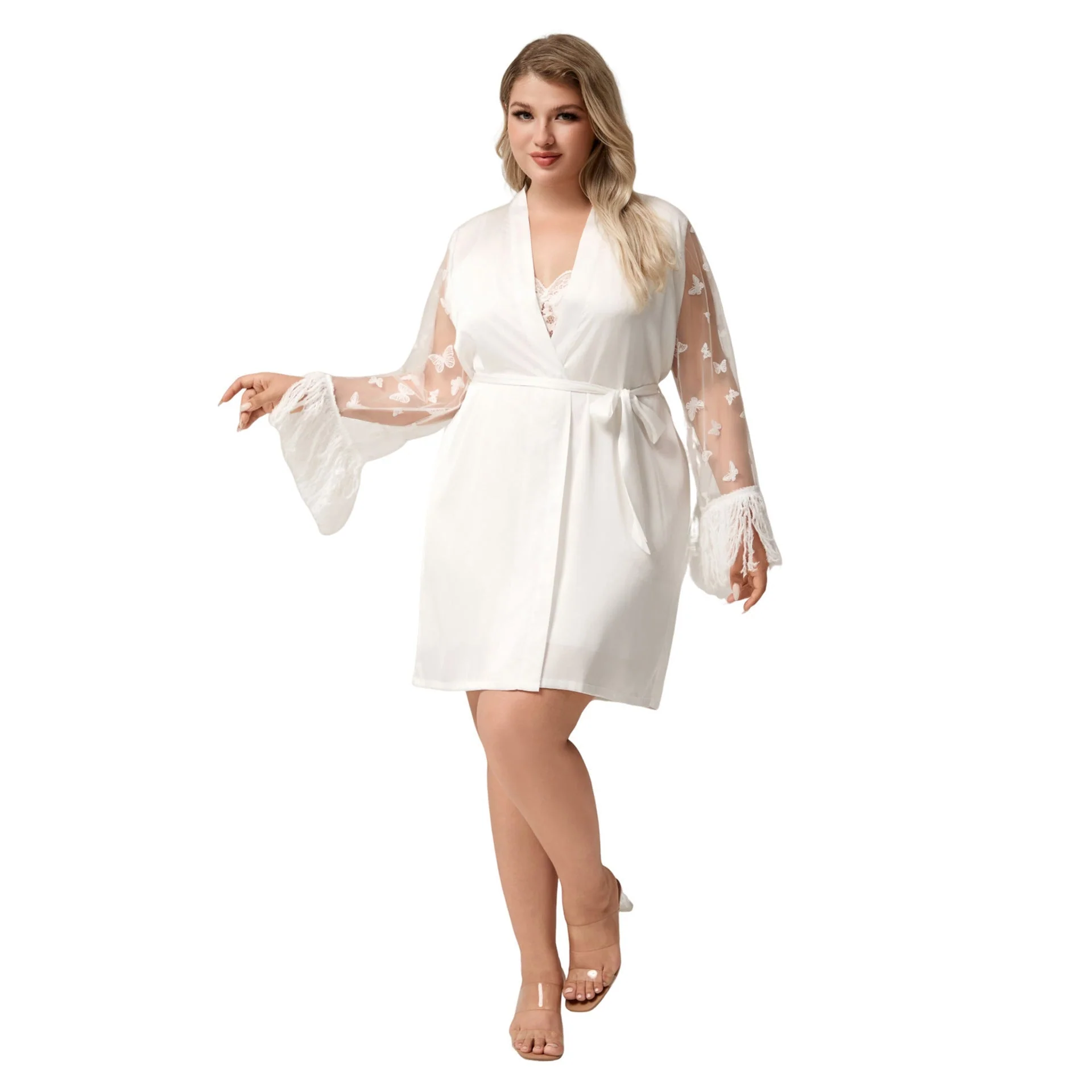The Lace Elegance | White Satin Lace Short Robe - Image 5