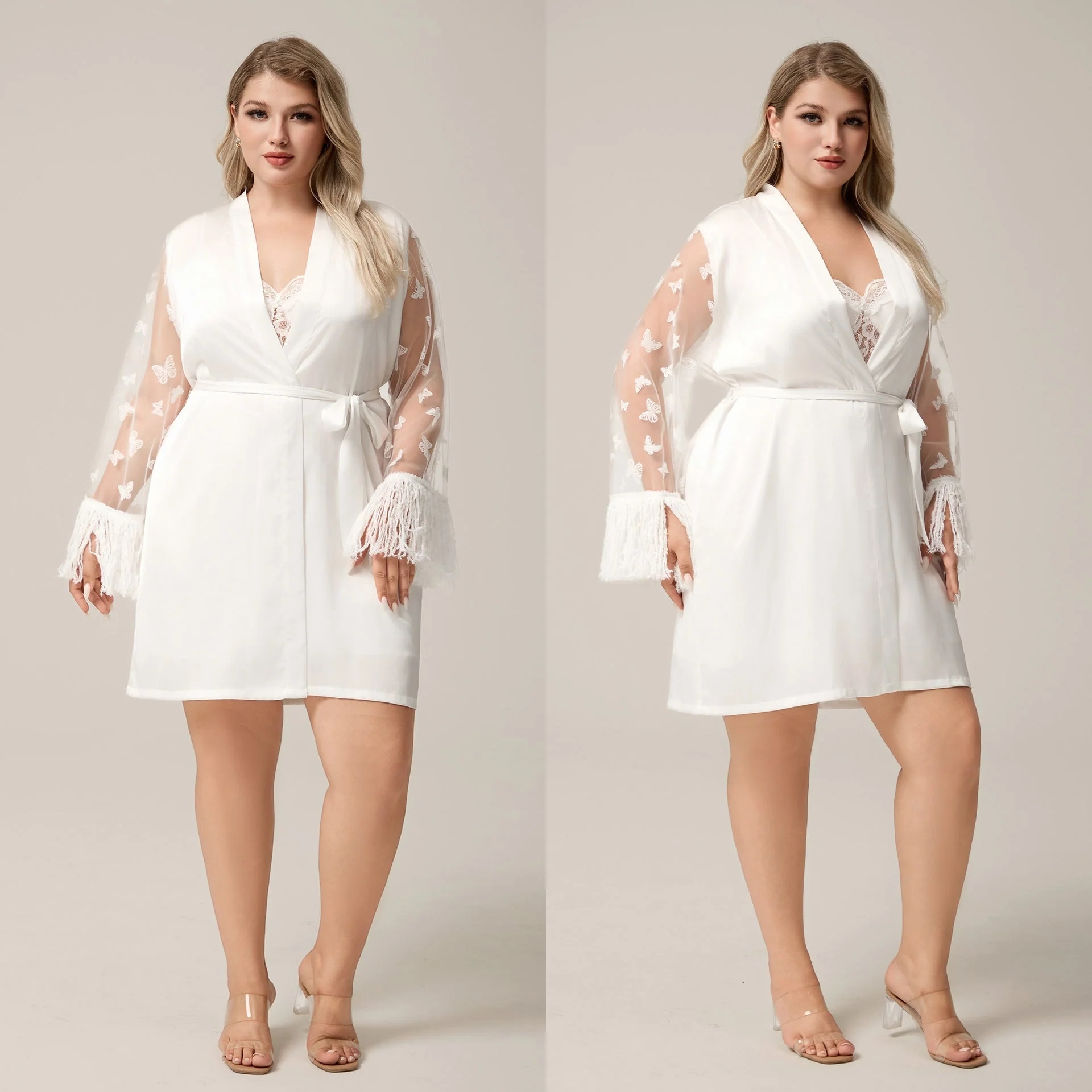 The Lace Elegance | White Satin Lace Short Robe - Image 6