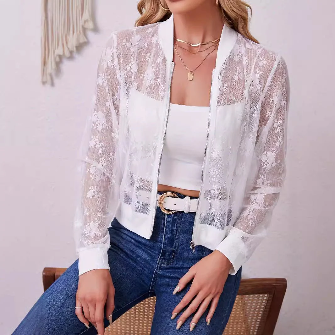 The Lace Elegance | Women's Lace Splicing Zipper Baseball Jacket - Image 4