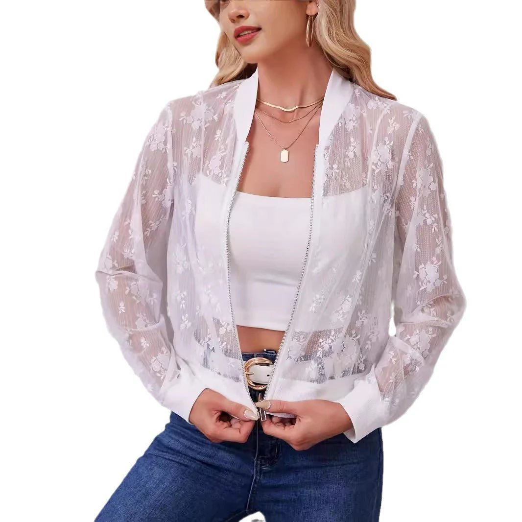 The Lace Elegance | Women's Lace Splicing Zipper Baseball Jacket - Image 5