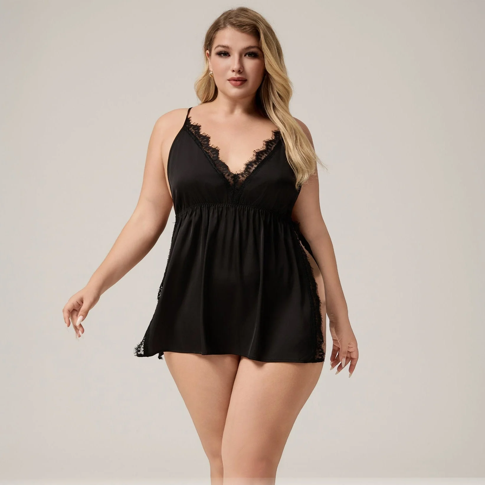 The Lace Seduction | Black Lace Satin Strap Mini Sleep Dress