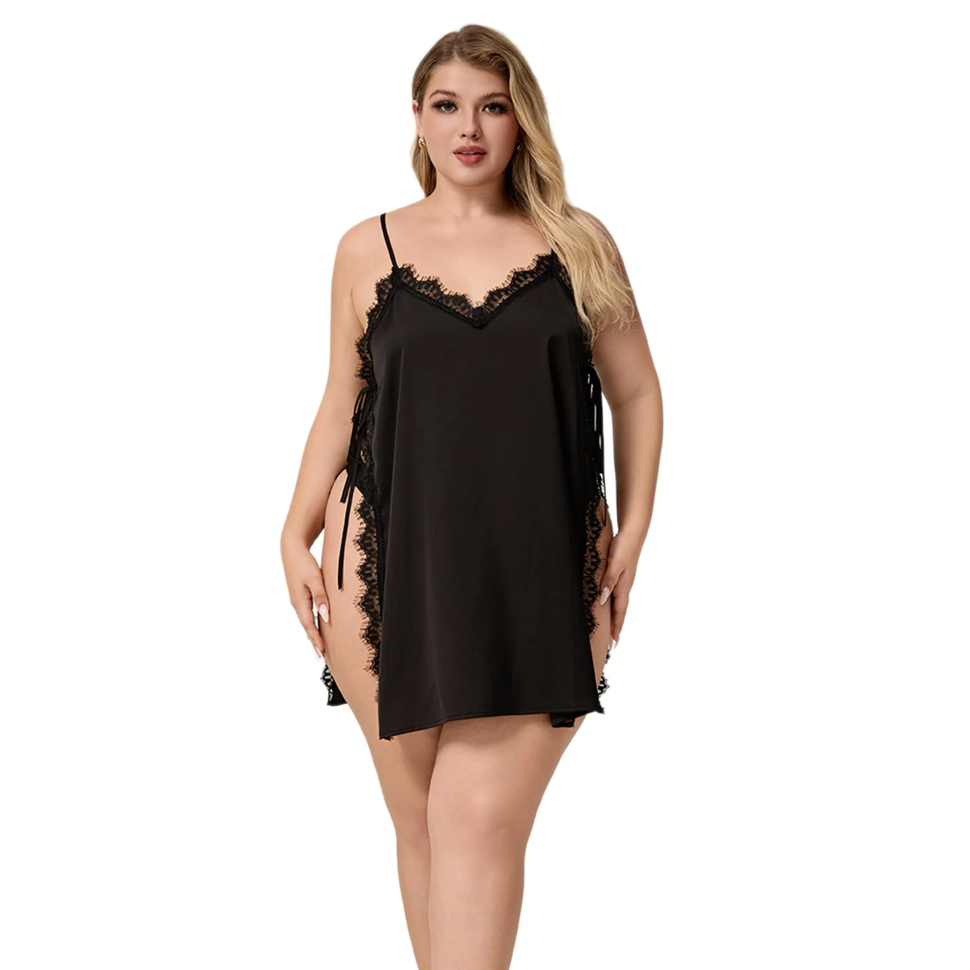 The Lace Seduction | Black Lace Satin Strap Mini Sleep Dress - Image 4