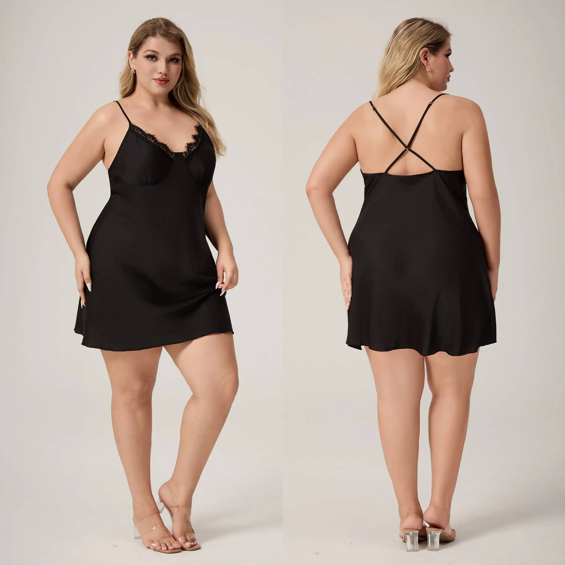 The Lace Seduction | Black Lace Satin Strap Mini Sleep Dress FD - Image 6