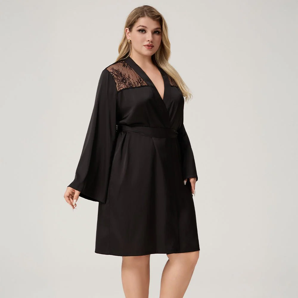 The Lace Seduction | Black Satin Lace Short Robe