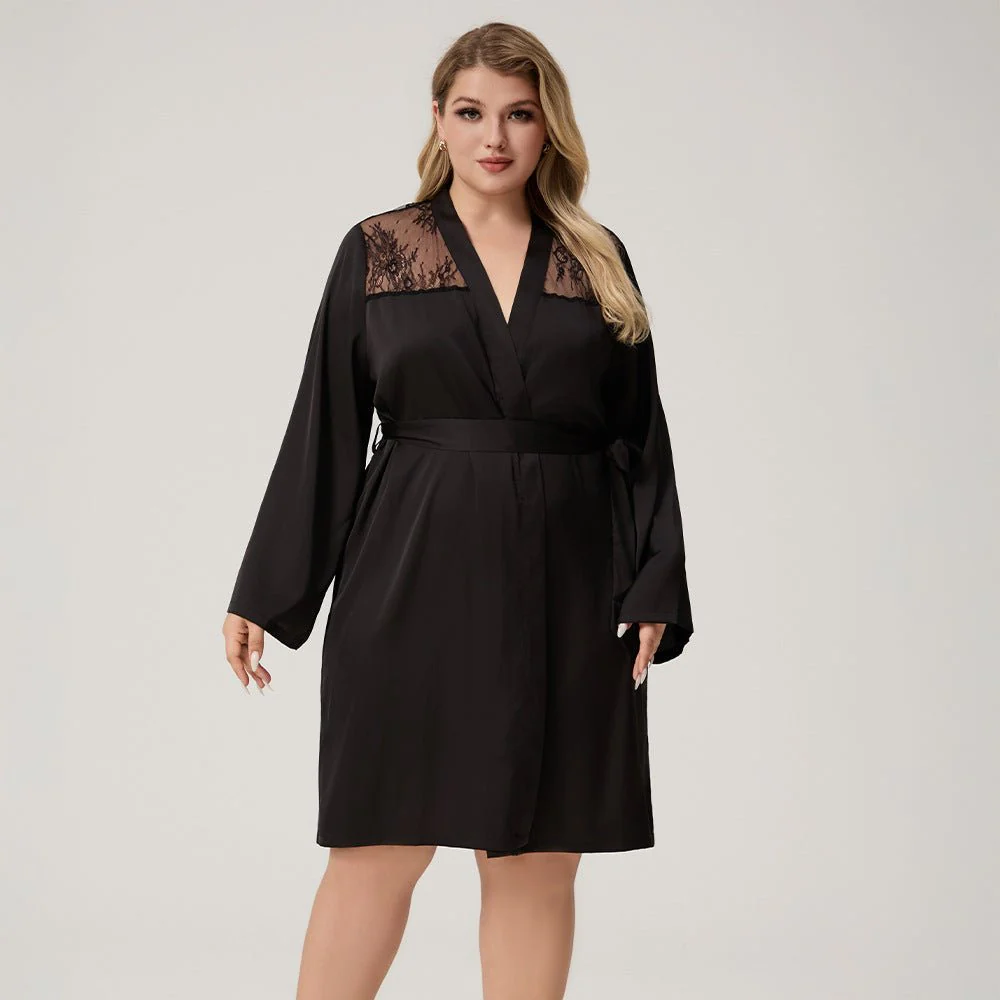 The Lace Seduction | Black Satin Lace Short Robe - Image 2