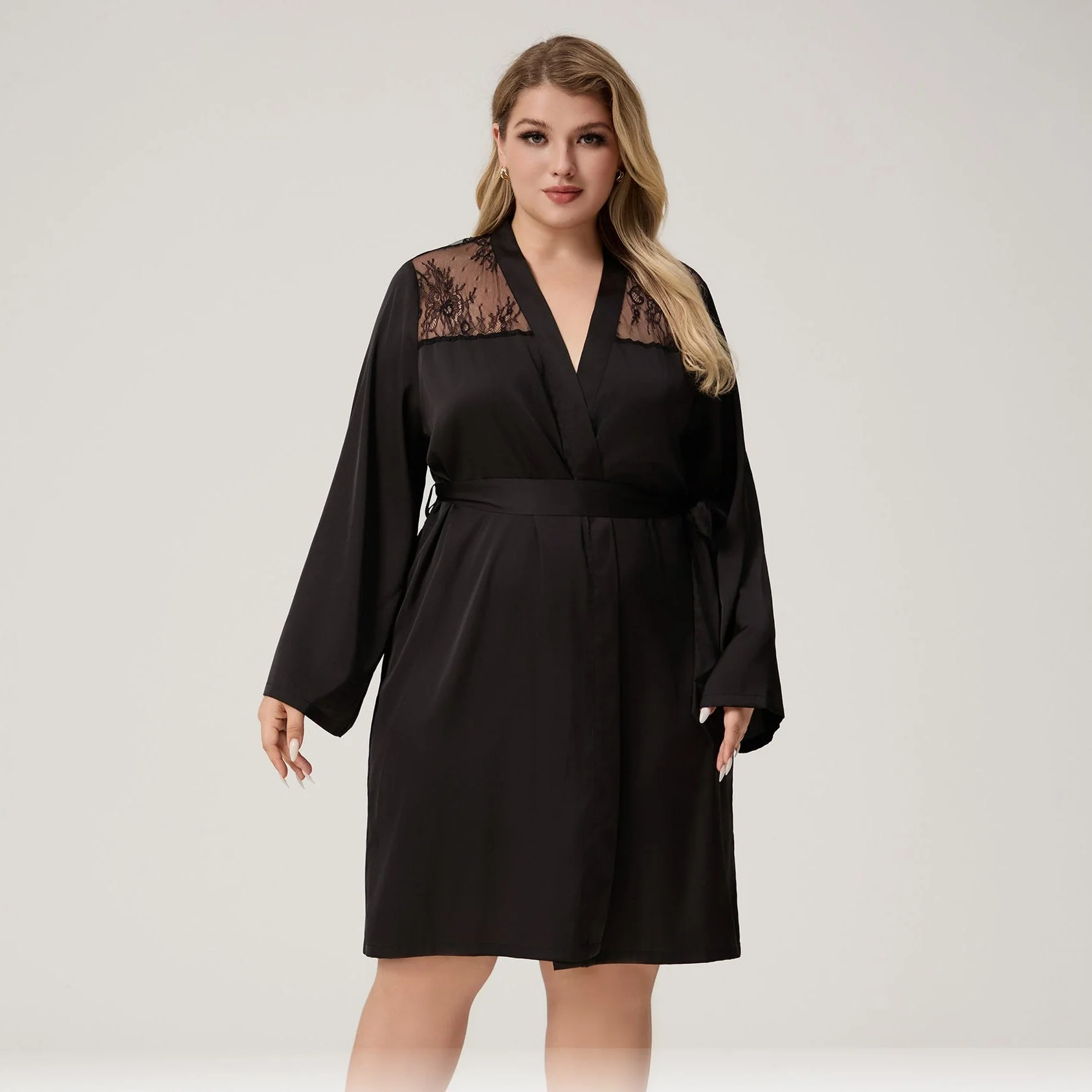 The Lace Seduction | Solid Black Satin Lace Short Robe