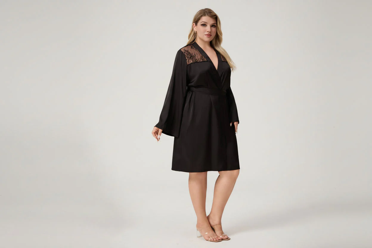 The Lace Seduction | Solid Black Satin Lace Short Robe - Image 2