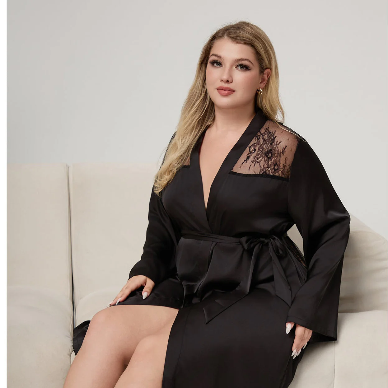 The Lace Seduction | Solid Black Satin Lace Short Robe - Image 3