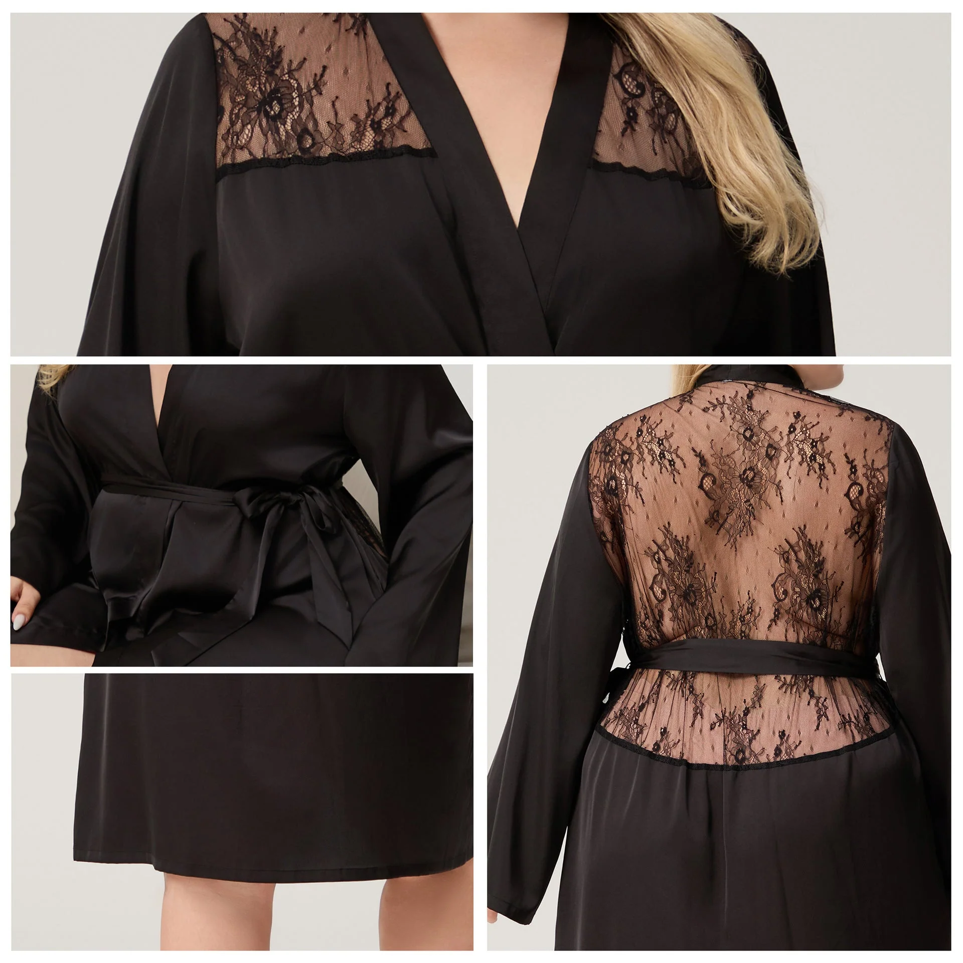 The Lace Seduction | Solid Black Satin Lace Short Robe - Image 4