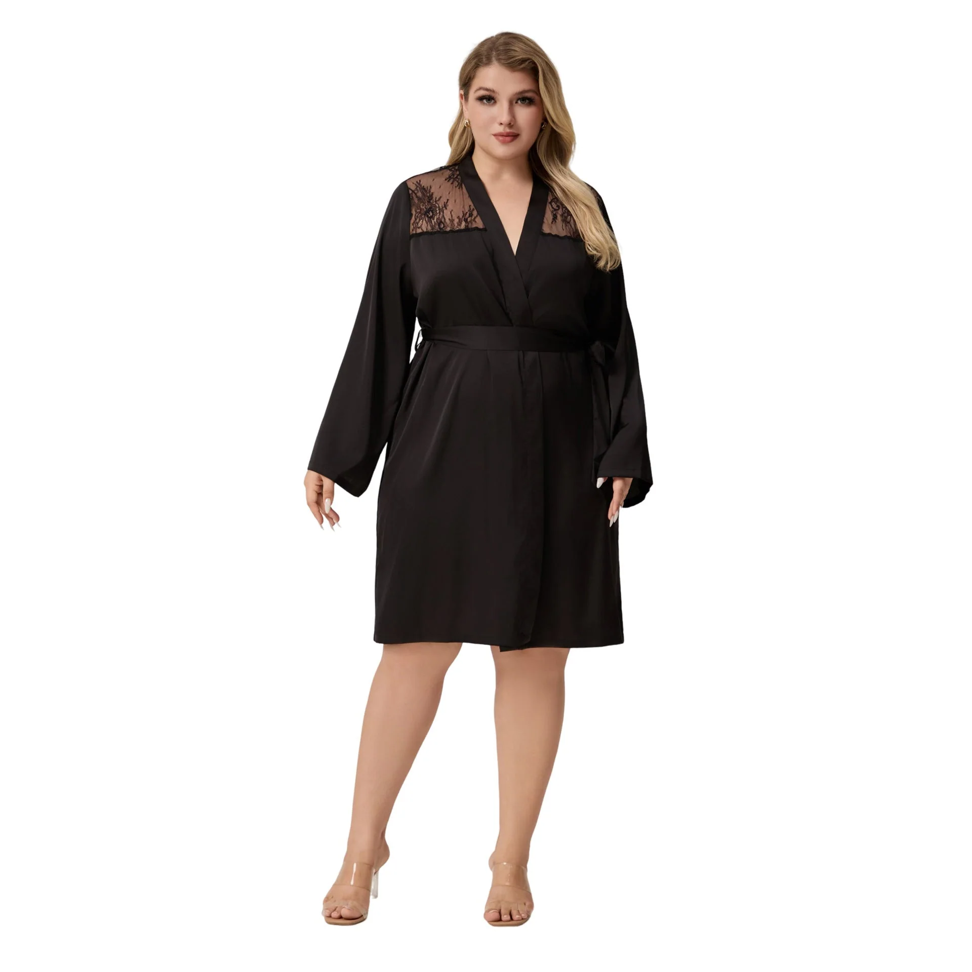The Lace Seduction | Solid Black Satin Lace Short Robe - Image 5
