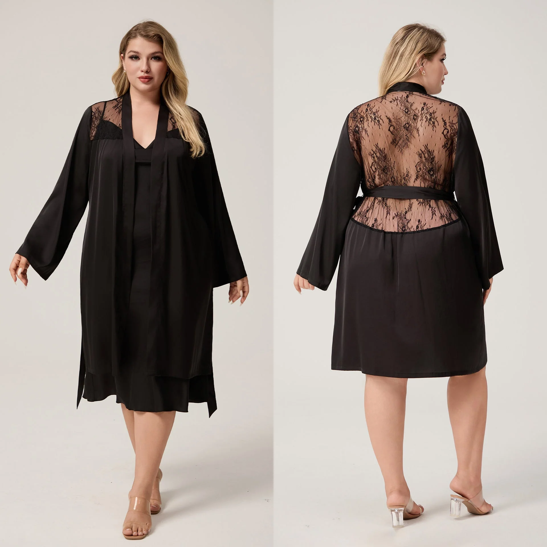 The Lace Seduction | Solid Black Satin Lace Short Robe - Image 6