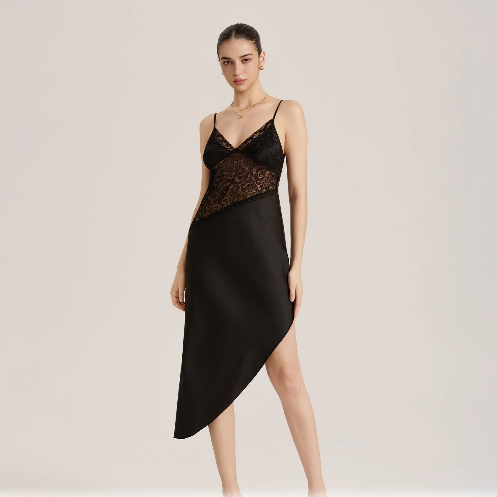 The Lace Temptation | Black Lace Satin Patchwork Maxi Slip Sleep Dress