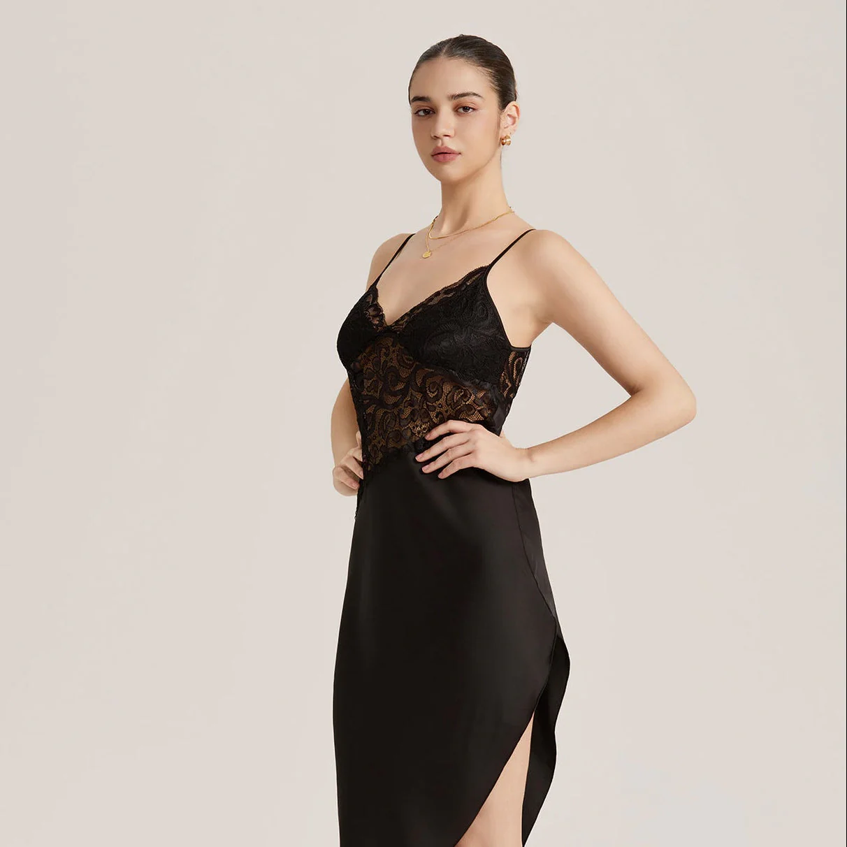The Lace Temptation | Black Lace Satin Patchwork Maxi Slip Sleep Dress - Image 3