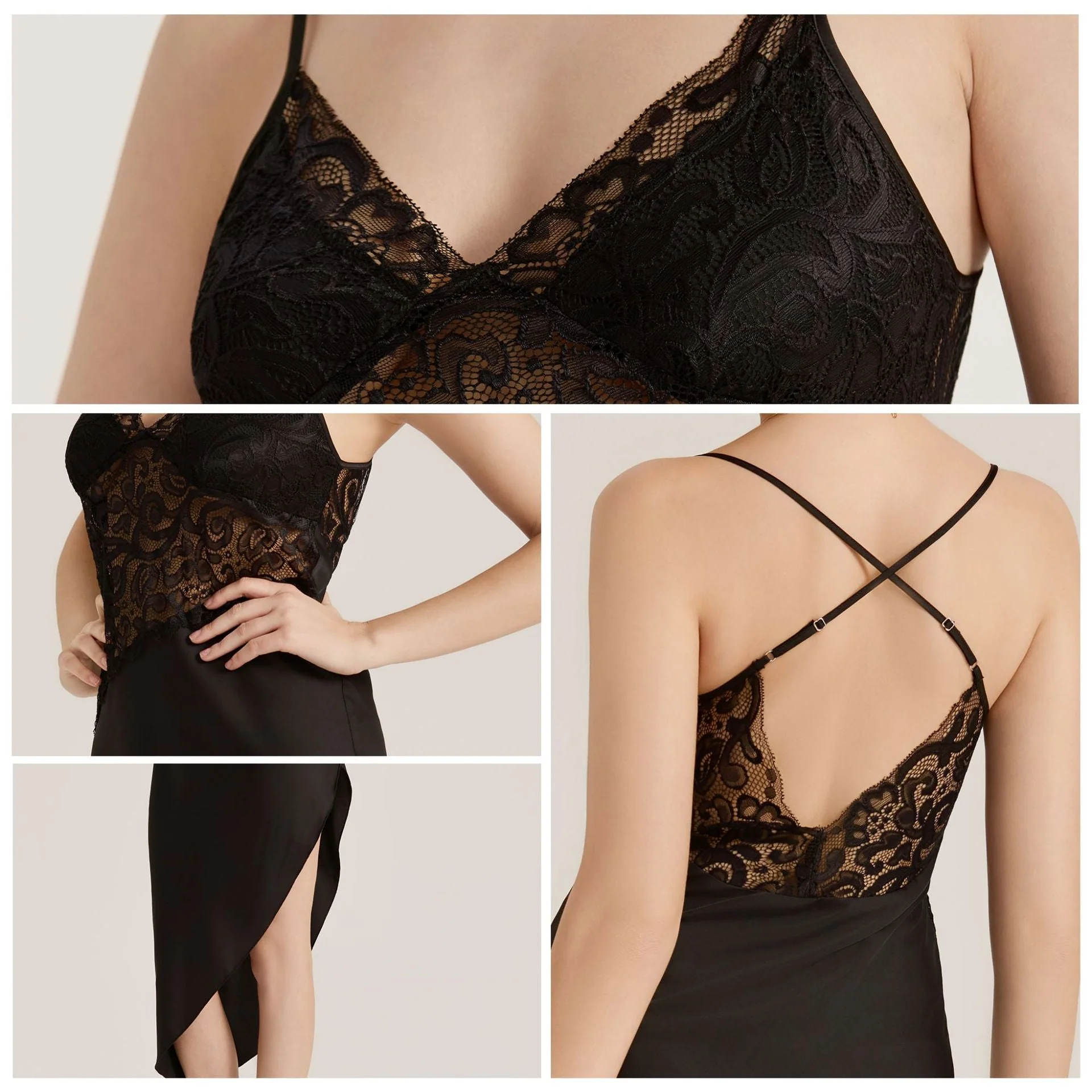 The Lace Temptation | Black Lace Satin Patchwork Maxi Slip Sleep Dress - Image 4