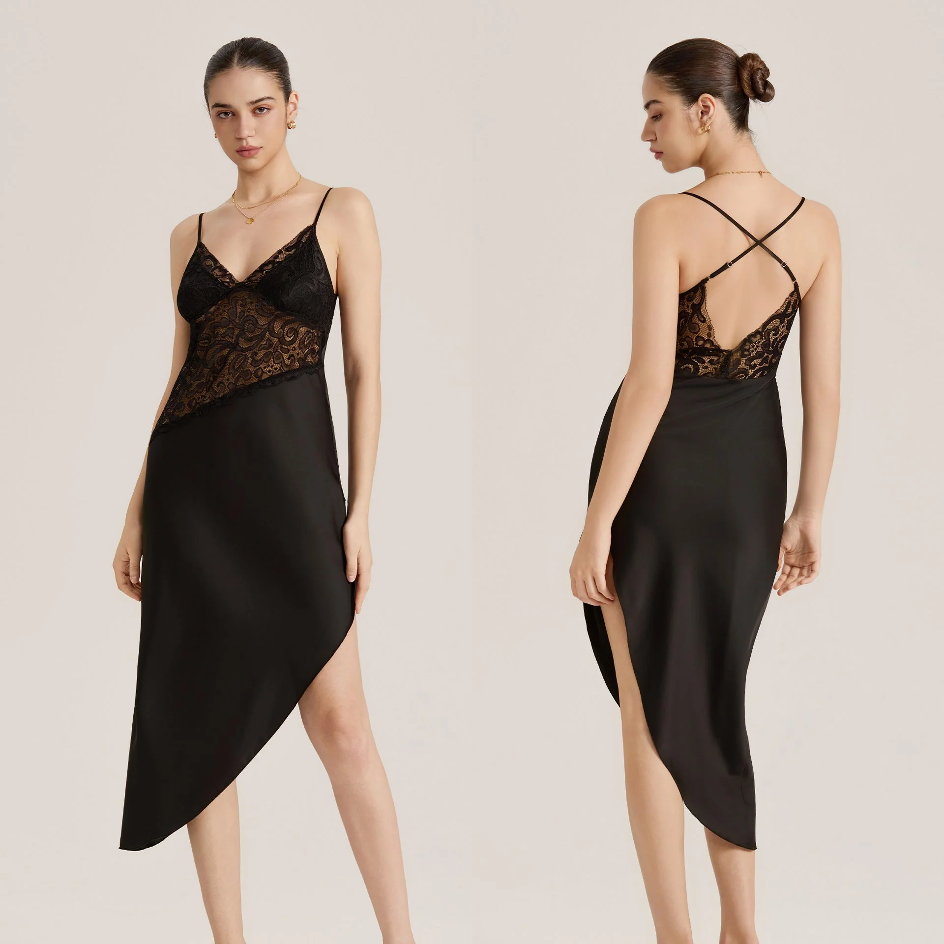 The Lace Temptation | Black Lace Satin Patchwork Maxi Slip Sleep Dress - Image 6