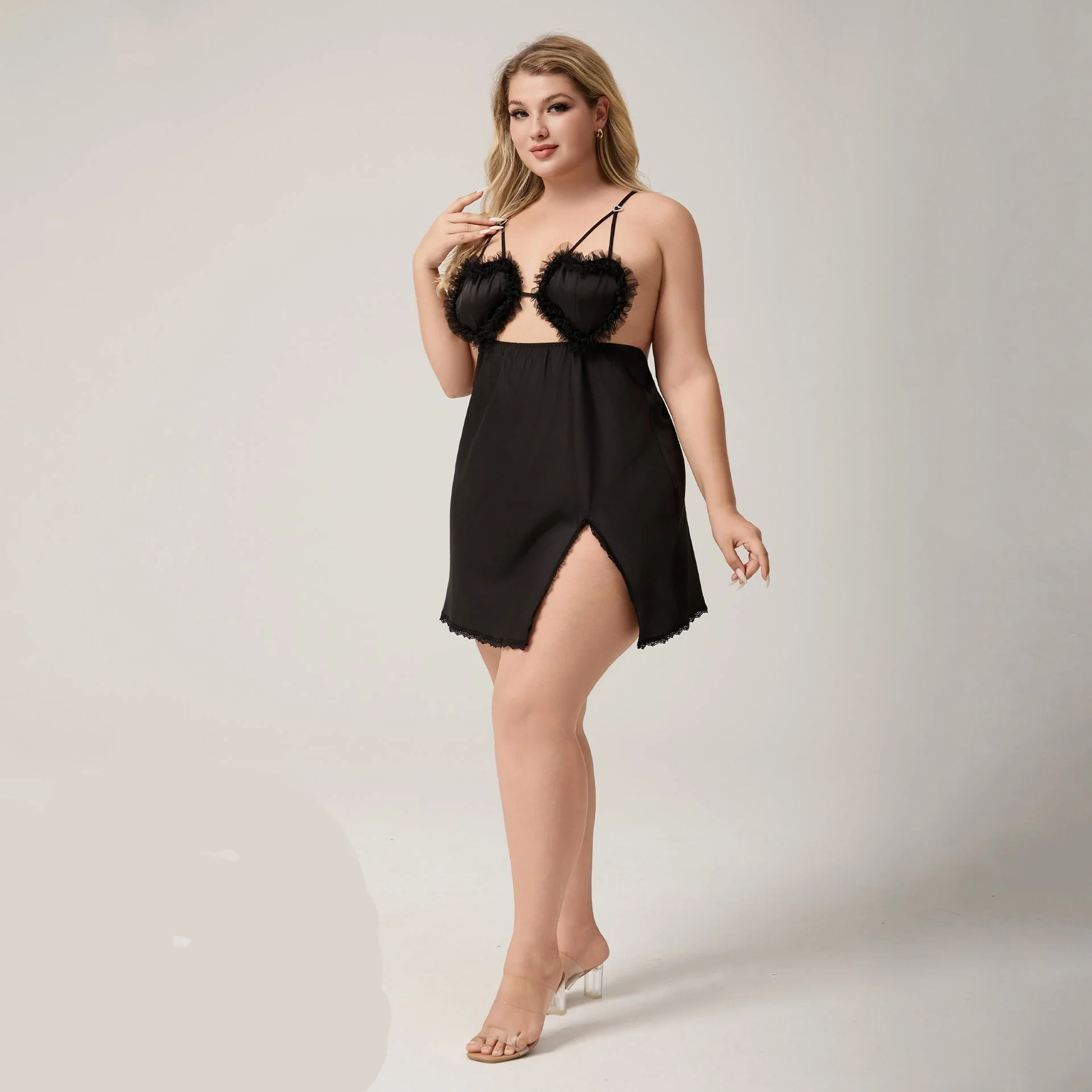 The Lace Temptation | Black Lace Satin Strap Mini Sleep Dress - Image 2