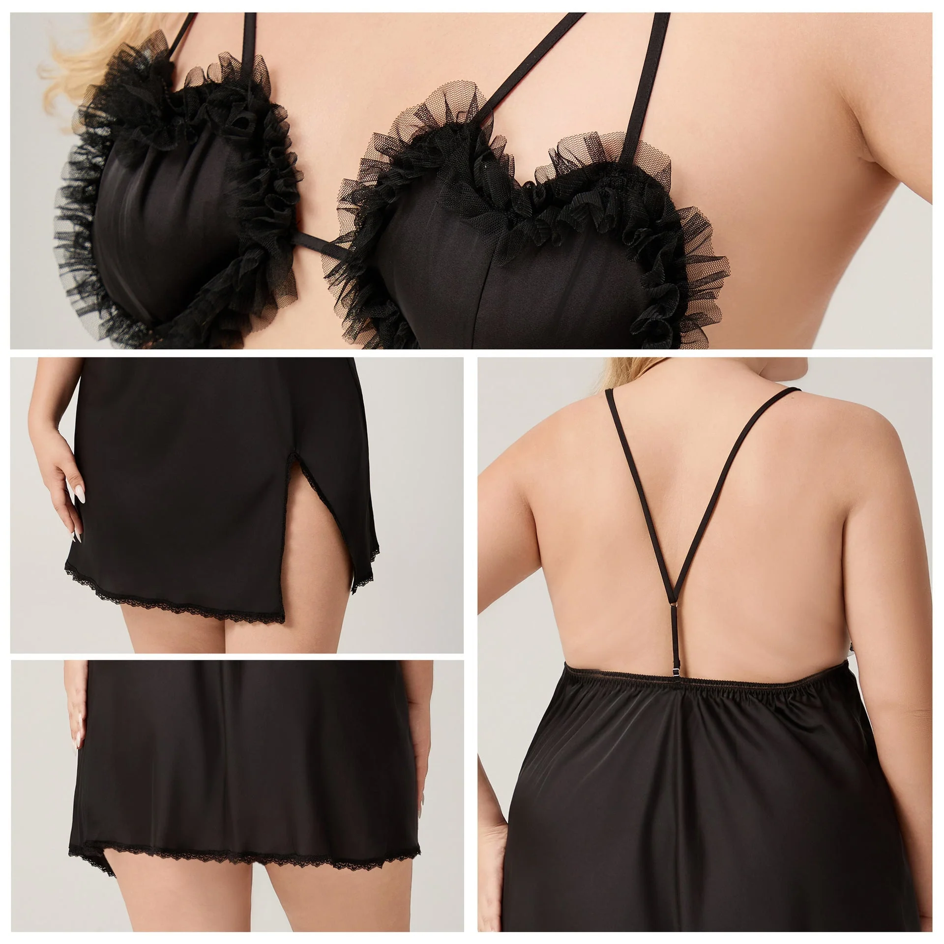 The Lace Temptation | Black Lace Satin Strap Mini Sleep Dress - Image 4