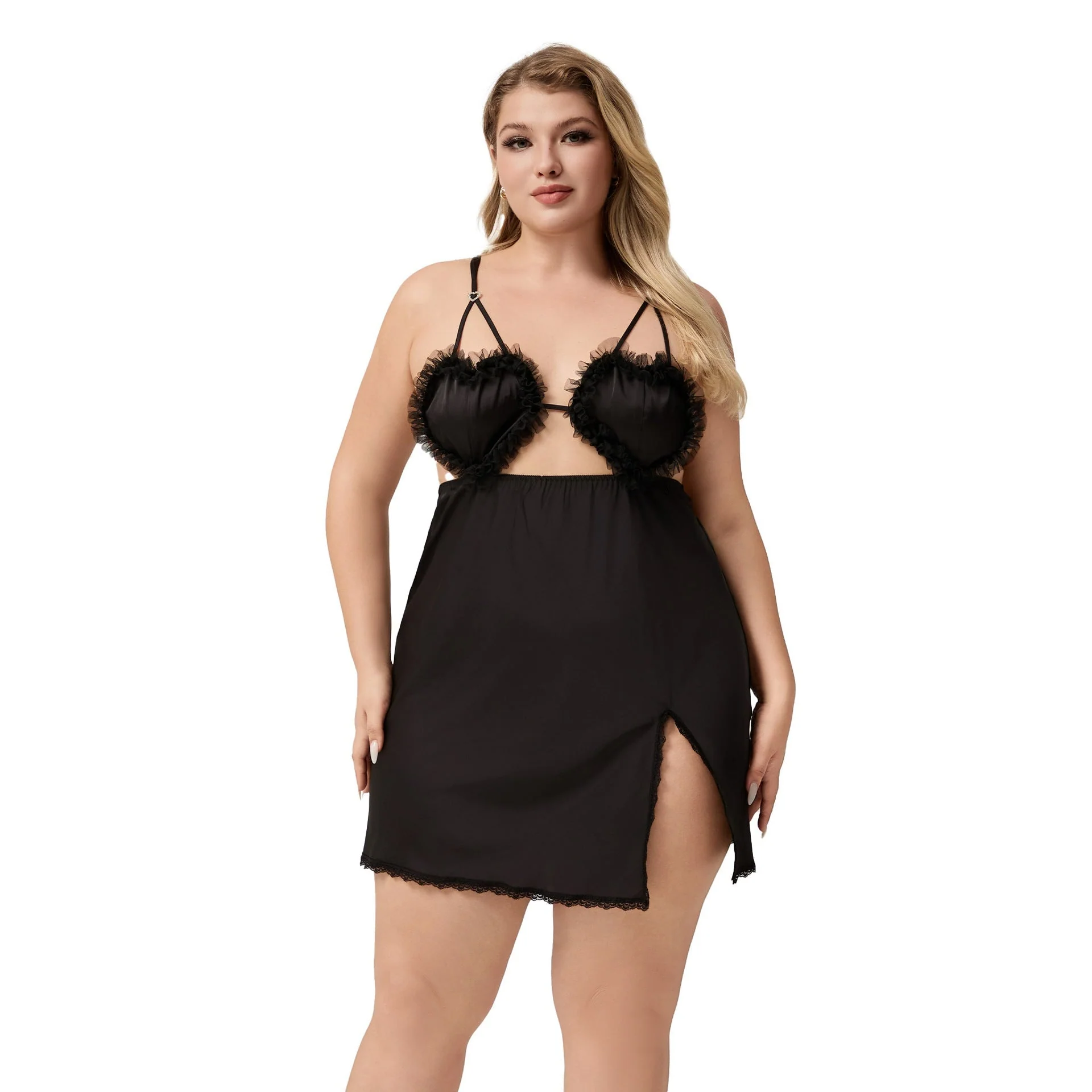 The Lace Temptation | Black Lace Satin Strap Mini Sleep Dress - Image 5
