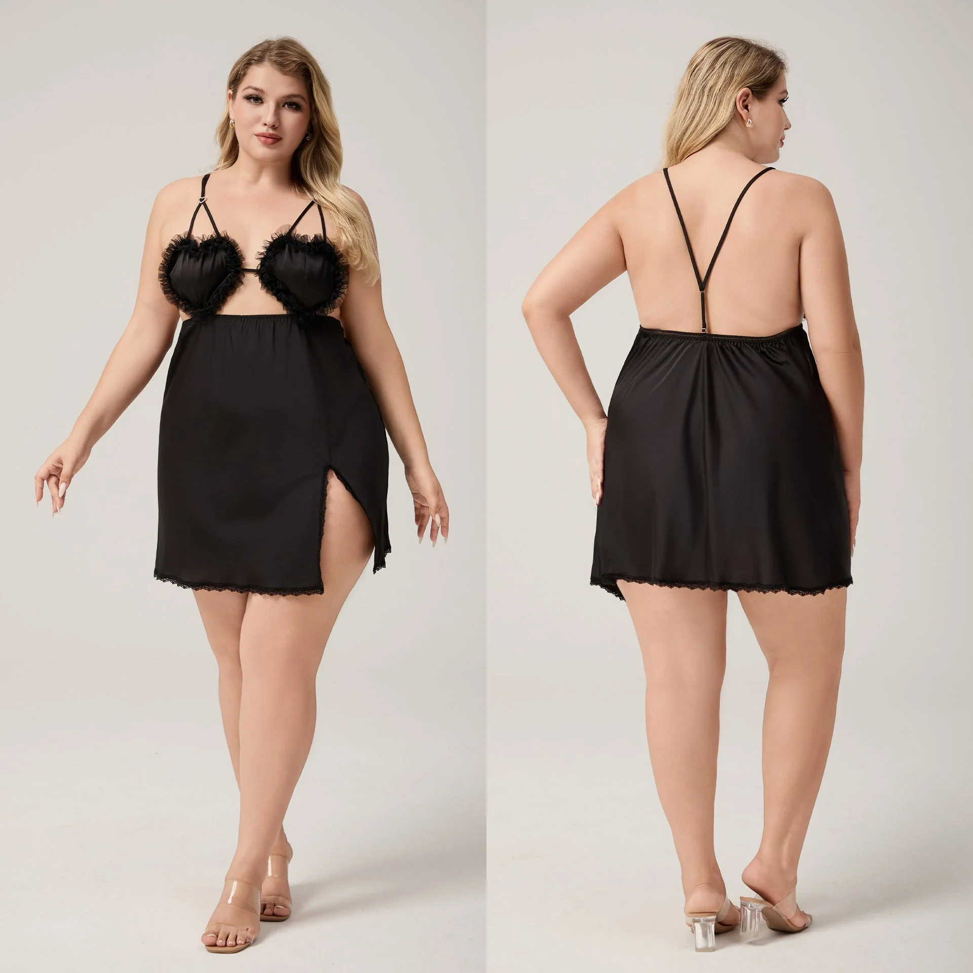 The Lace Temptation | Black Lace Satin Strap Mini Sleep Dress - Image 6