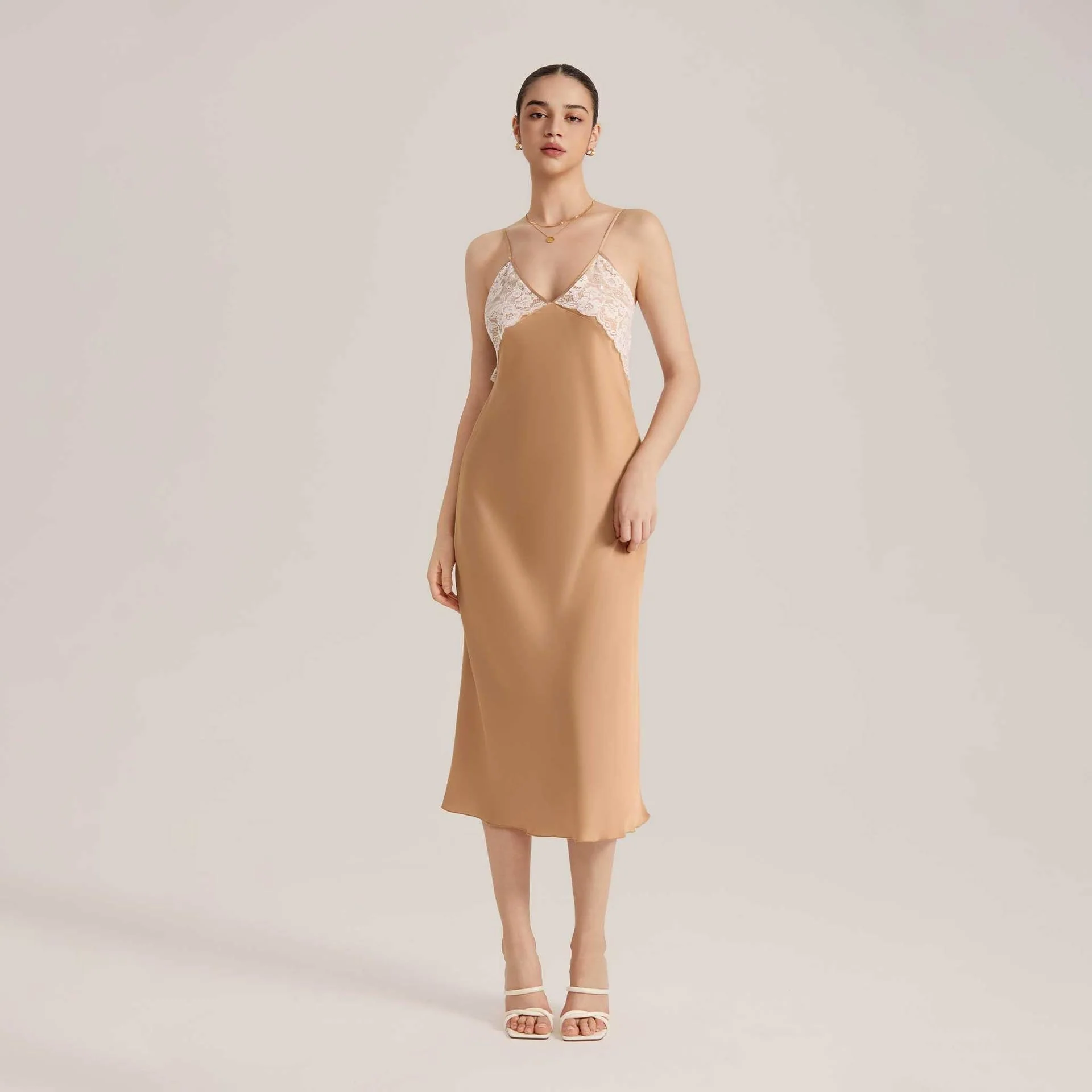 The Lace Temptation | Solid Color Lace Patchwork Backless Satin Maxi Slip Sleep Dress