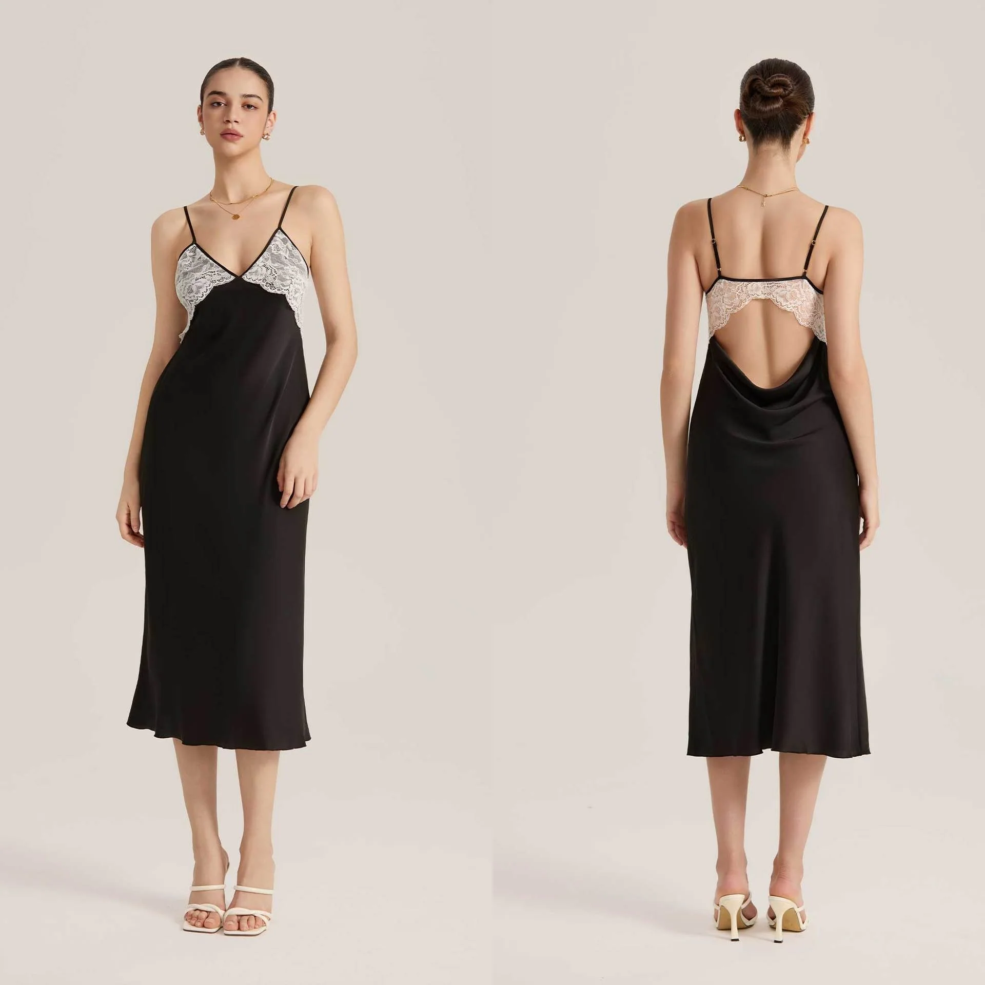 The Lace Temptation | Solid Color Lace Patchwork Backless Satin Maxi Slip Sleep Dress - Image 6