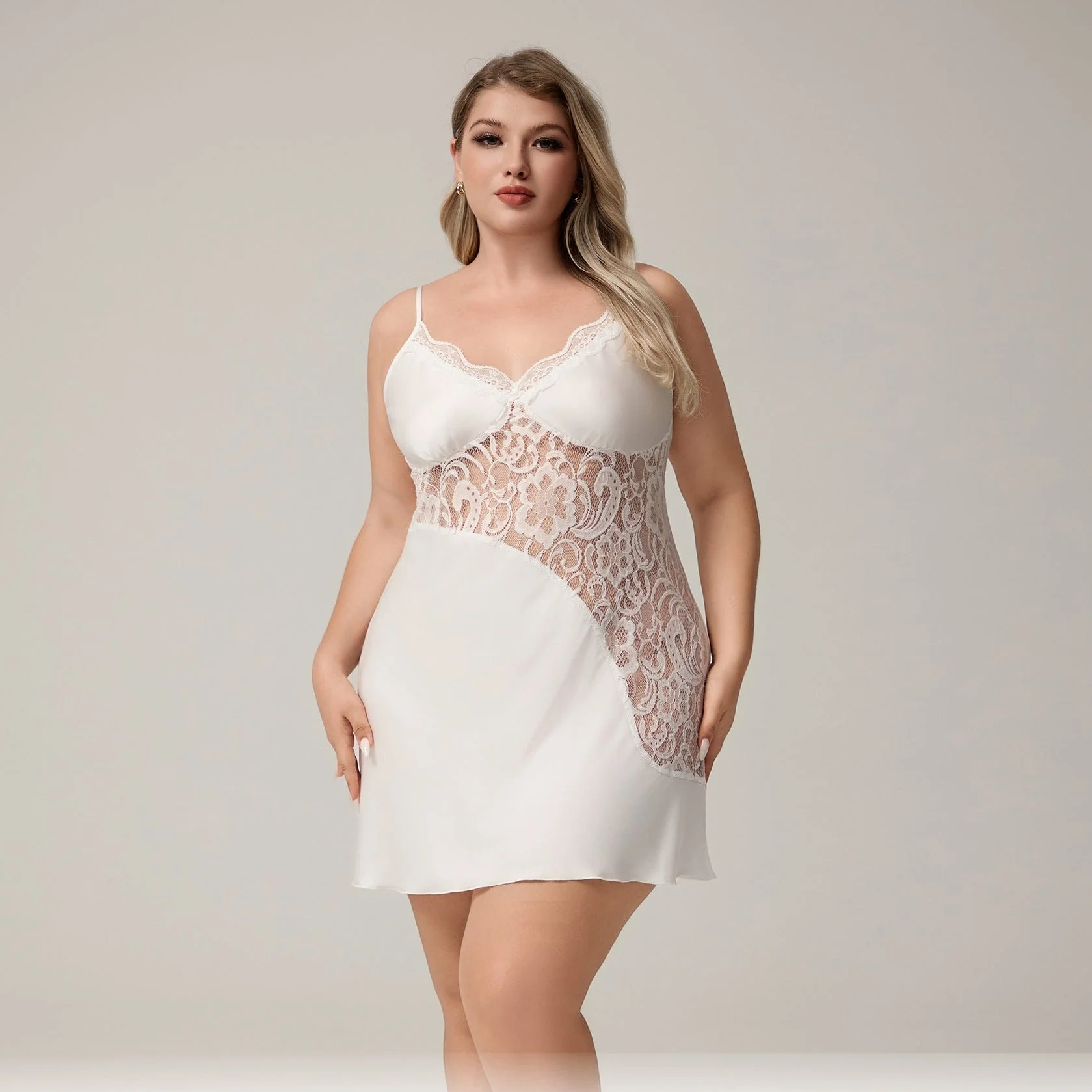 The Lace Whisper | White Lace Satin Strap Mini Sleep Dress