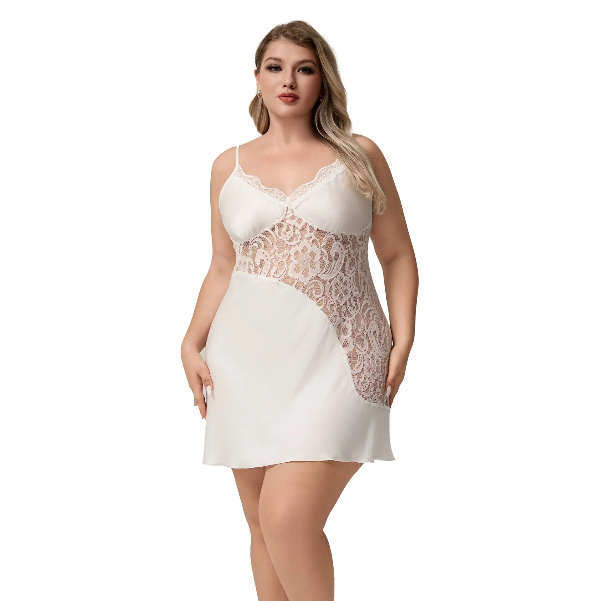The Lace Whisper | White Lace Satin Strap Mini Sleep Dress - Image 5